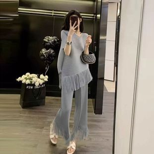 轻奢高级感气质套装女流苏不规则上衣显瘦长裤子两件套