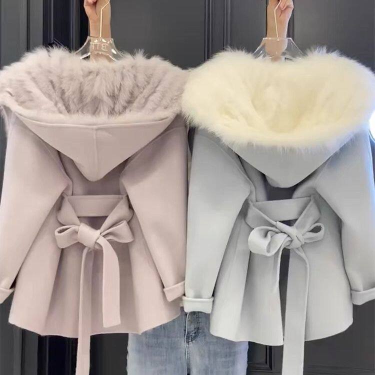 欧洲站温柔风时尚仿狐狸毛拼接毛呢外套女2024秋冬新款上衣小个子