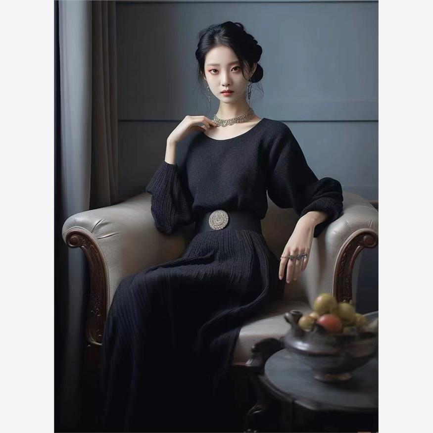 超好看黑色针织长袖连衣