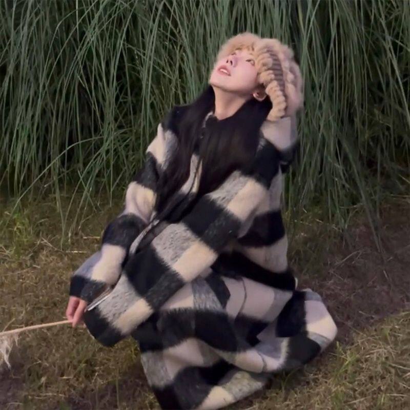 Mala&ldquo;黑白格&rdquo;防风被大衣宽松冬季时尚格子慵懒风中长款百搭外套