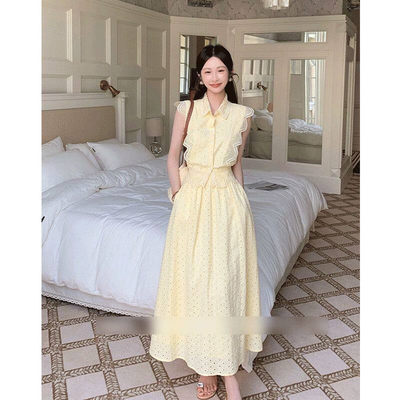 小个子肌理感气质蕾丝套装女夏无袖衬衫半身裙两件套