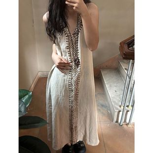 夏季款冷淡系高级感独特漂亮气质复古米色无袖连衣裙子女