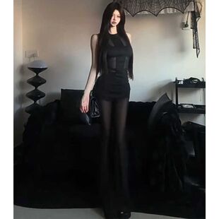 性感辣妹套装女夏季黑色网纱修身无袖上衣御姐穿搭微喇阔腿长裤子