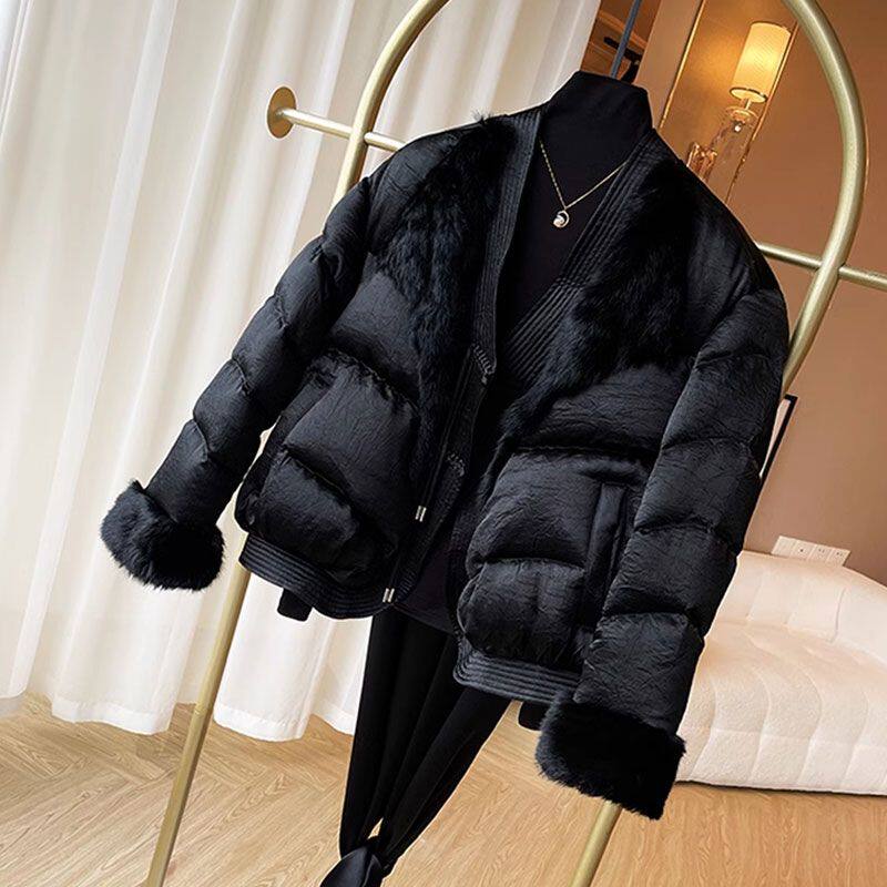 冬季新款毛毛拼接醋酸国风上衣外套短款黑色新中式鸭绒羽绒服女