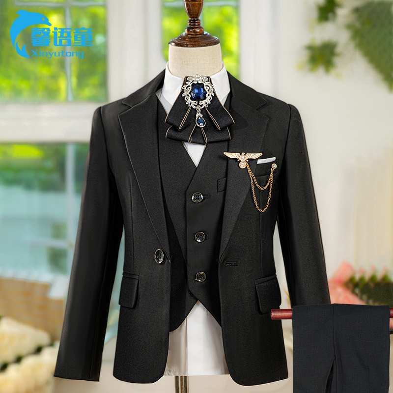 高档黑色儿童西装套装演出服套装西服男孩钢琴演奏主持人礼服