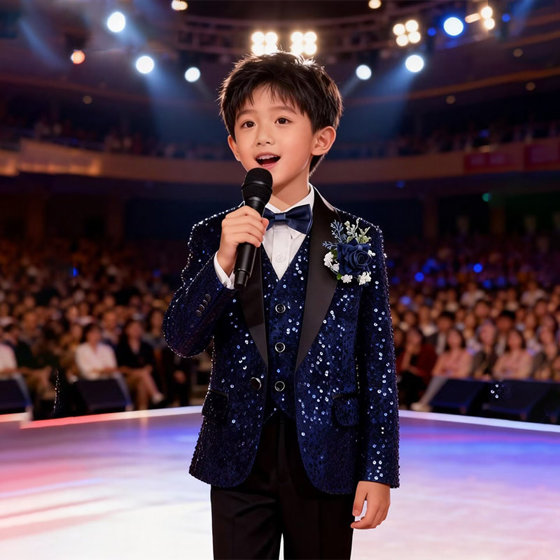 儿童西装套装藏青亮片主持人礼服学生钢琴六一舞台演出服花童表演
