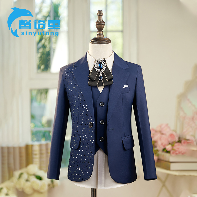 镶钻亮片儿童藏青色西装套装亮片