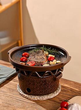 户外露营风格烧烤锅烧烤板创意陶瓷肉测试板铁板烧家庭乐趣木材木