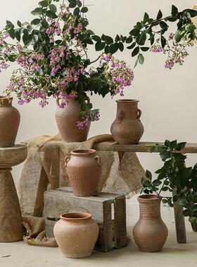 手工双耳红陶土罐陶瓷花瓶 客厅复古粗陶花器摆件 插花装饰花瓶