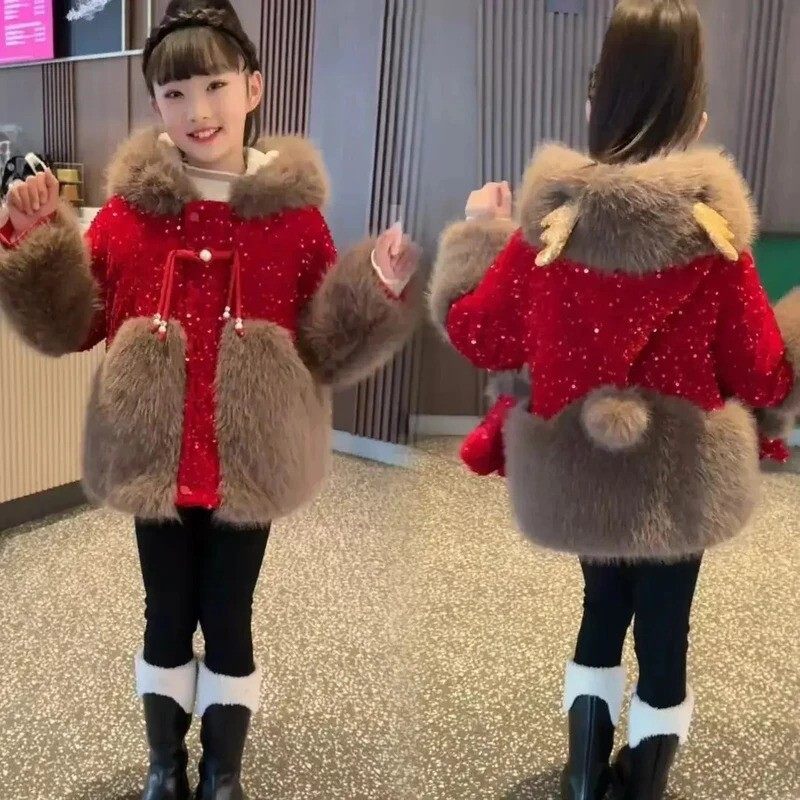 鸿业腾飞甄选女童冬装加y绒外套冬儿童洋气拜年服加厚鹿角亮片外