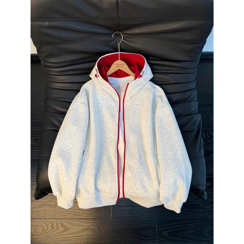 美式复古撞色拉链开衫卫衣男春季设计感宽松cleanfit情侣连帽外套