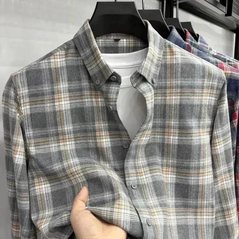 冲首卓选秋冬新款男士格子D纯棉复古百搭翻领纯衬衣