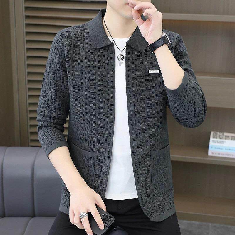 3 秋季翻领纽扣开衫毛衣男士商务休闲修身时尚口袋长袖针织