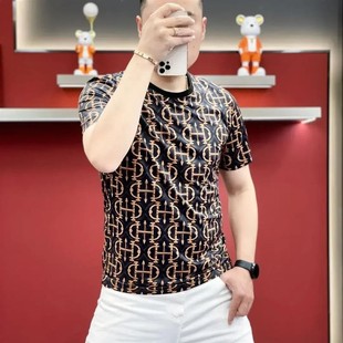 夏季 男A士圆领印花潮流T恤时尚 文福轻奢专柜正品 新款 修身 弹力短袖