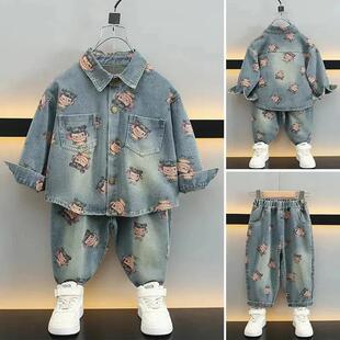 艾蕾童装优选男童春装牛仔套装春儿童洋气酷帅卡通牛仔休闲两件套
