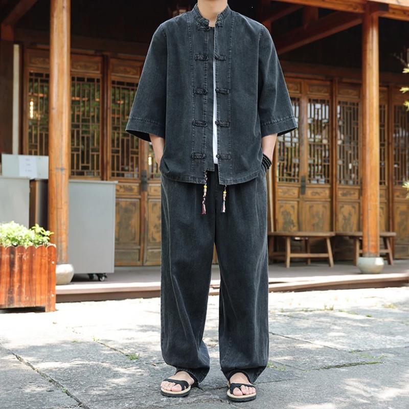 今天穿什么陆海丰软牛S仔透气衬衫中国风宽松大码休闲衬衣套装可