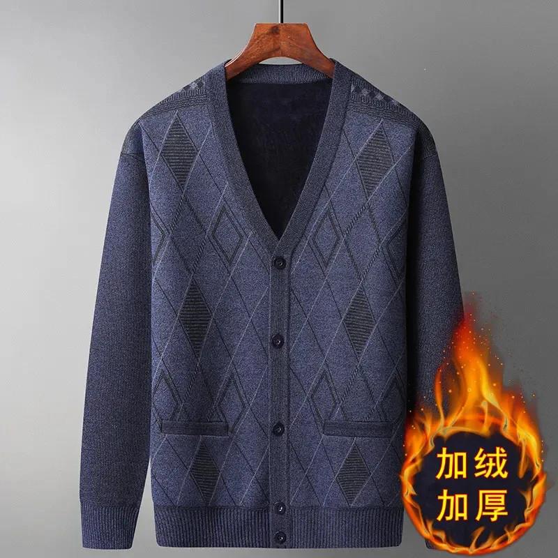 伯托服饰冬季f中老年男装开衫毛衣爸爸装针织衫上衣外套加绒打底