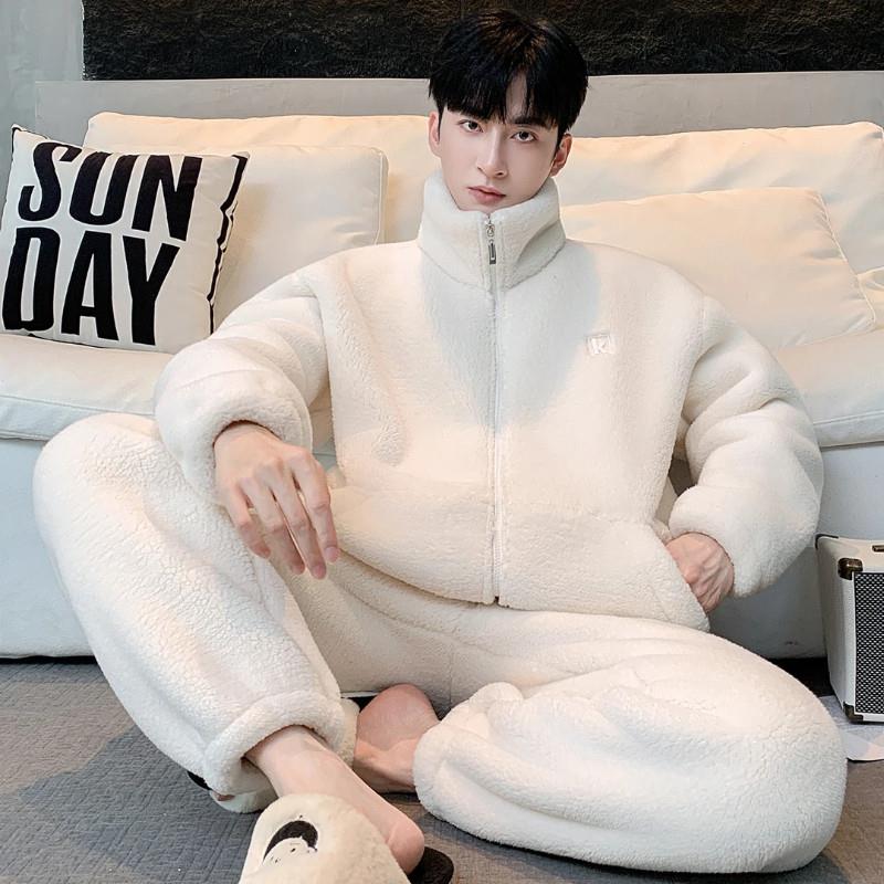 云逸绅阁睡衣男秋冬款法兰绒加厚加绒保暖K珊瑚绒立领冬家居服套