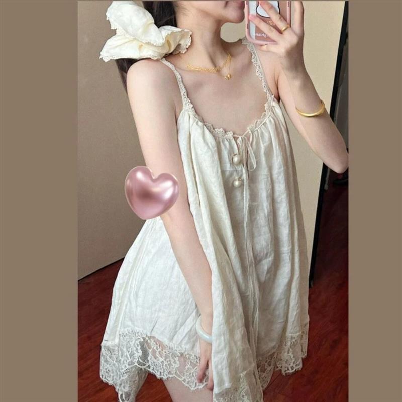 佑嘉百货优选1带胸垫法式睡衣女蕾丝花边拼接吊带睡裙夏季新家居