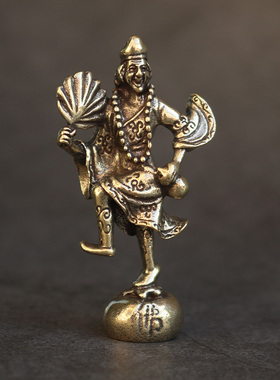 复古实心纯黄铜办公桌面车载小摆件济公佛茶宠工艺品手把玩件饰品