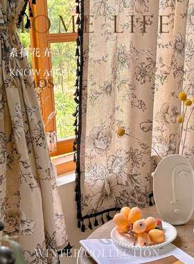 成品窗室帘飘美式玫瑰印APE花黑色流苏卧窗民宿租屋复古半帘田新