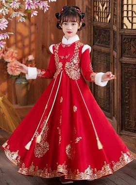 女童汉服冬装新款儿童加厚古装过年中国拜年服唐装女孩新年连衣裙