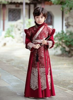 汉服男童冬款高端演出古装冬季加厚明制侠客唐装儿童男(有染色)