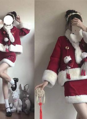 新年战袍红色套装新年猫Lolita冬款两件套加绒加厚学生套装拜年服