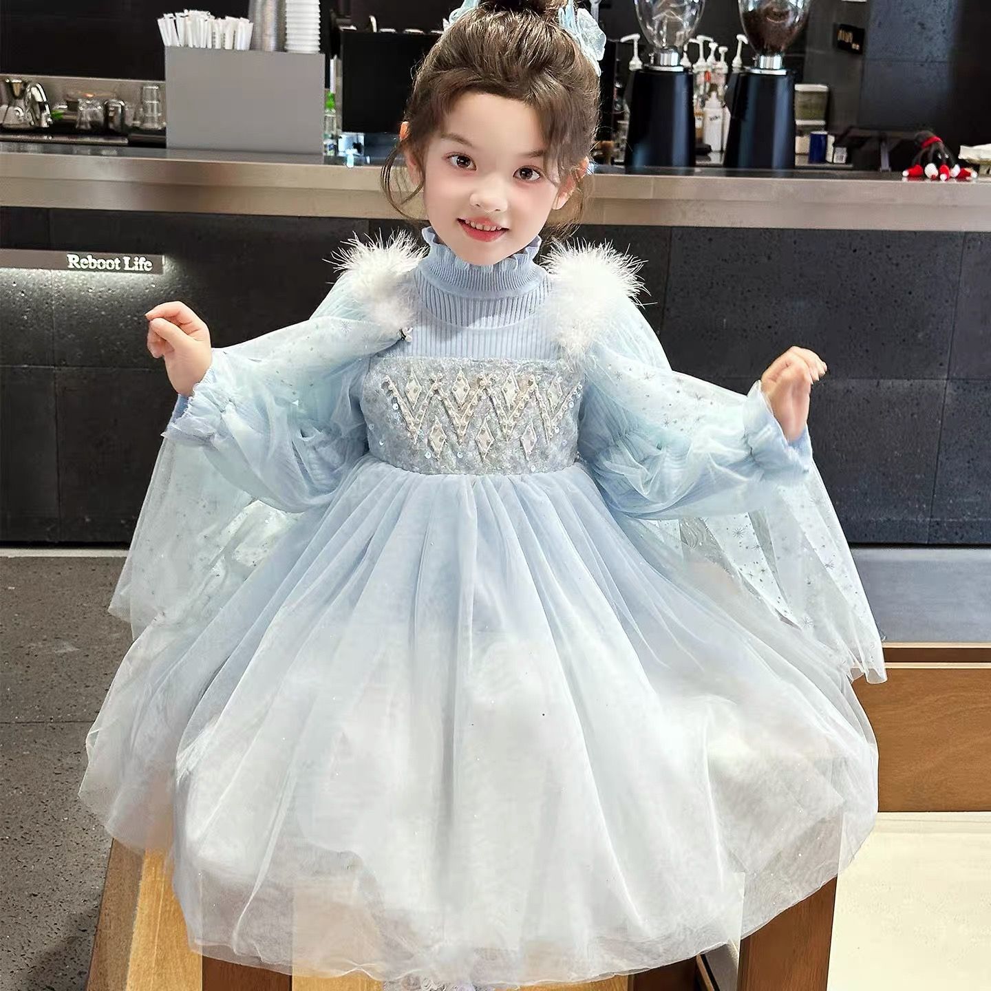 艾莎公主裙秋季女童爱莎连衣裙冰雪奇缘女孩秋冬裙子儿童生日礼服