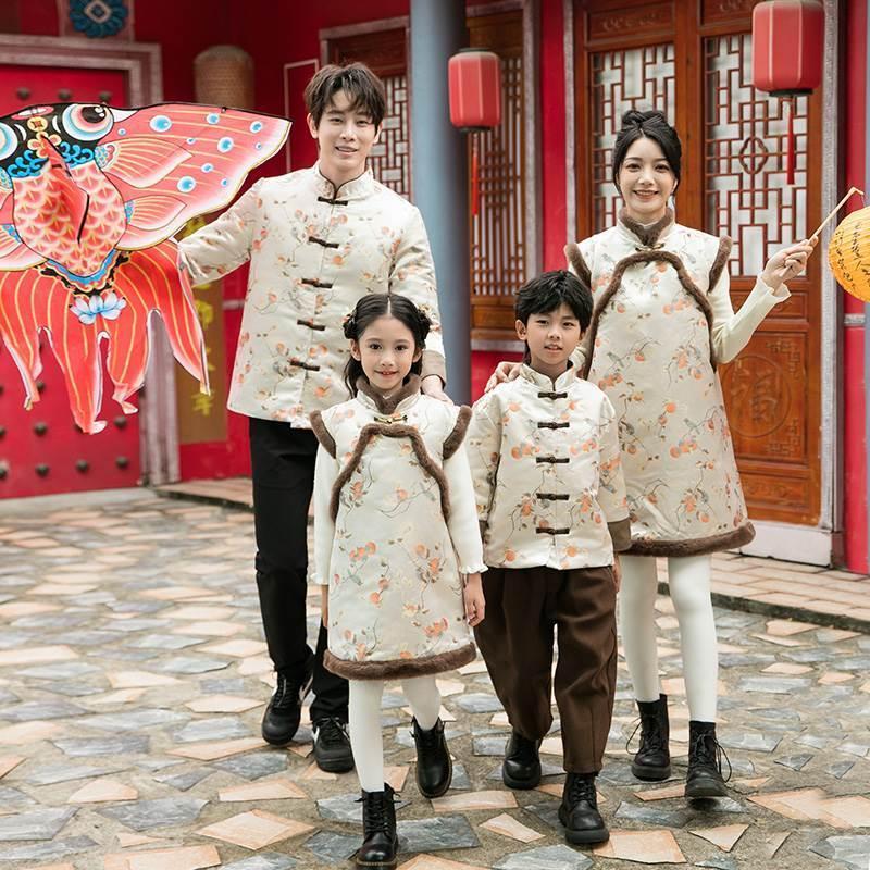 母女装唐装中国风冬季连衣裙新过年拜年服儿女童男童亲子装旗袍
