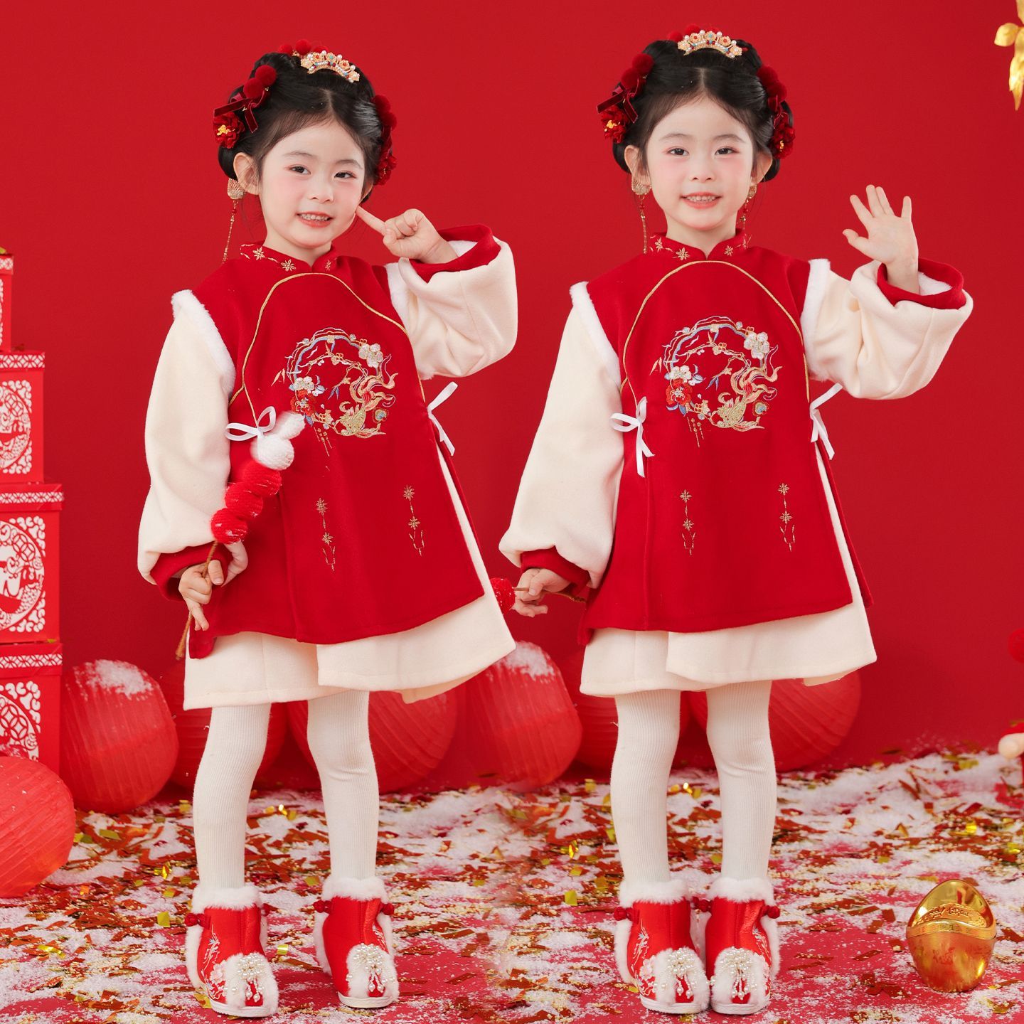 儿童拜年服喜庆演出服加绒套装元旦女童中国风幼儿园舞蹈表演唐装