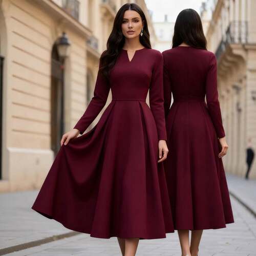 Plain Color Dress V Neck Long Sleeve Ruched Waist A-Line