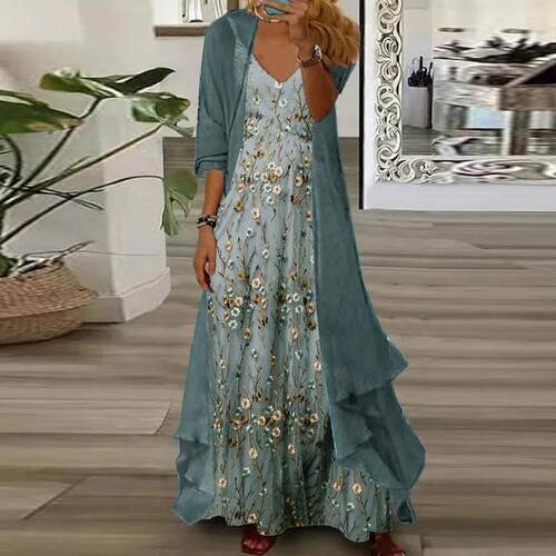 Womenss Casual 2 Piece Set Boho Floral Print Maxi Dress