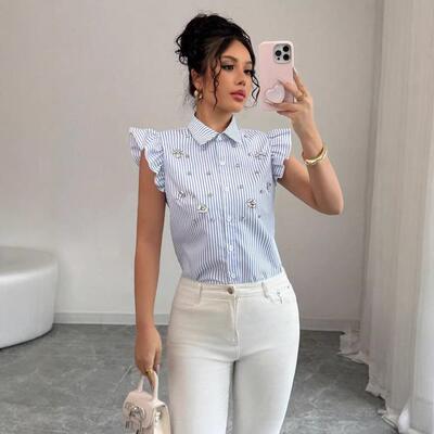 Star Embroidery Notched Neck Blouse Casual Flounce Sleeve