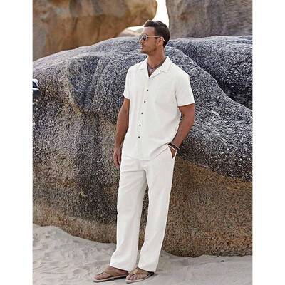 Men 2pcs Linen Outfit Beach Button Shirt Casual Loose Pant