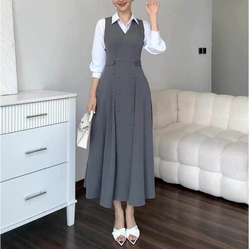 Simple Colorblock Dress Fashion Elegant Shirt Collar Long