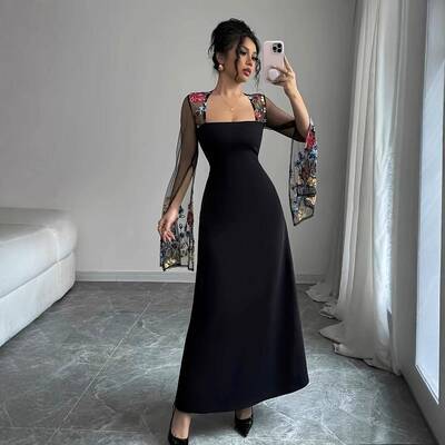 A black lace off-shoulder dress with embroidery for women