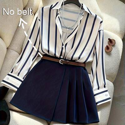 Womens Elegant Formal TwoPiece Set Striped Shirt Asymmetric