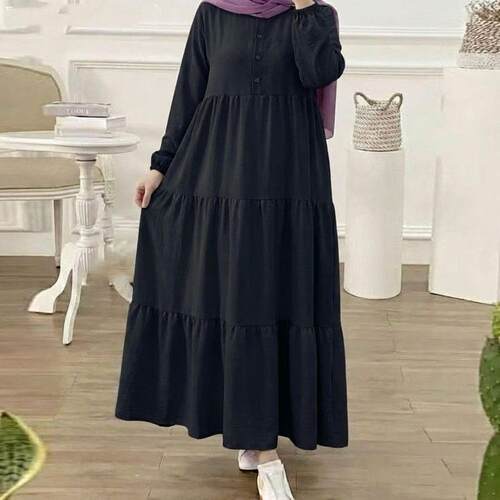 Solid Button Front Ruffle Hem Arabian Dress Casual Bishop