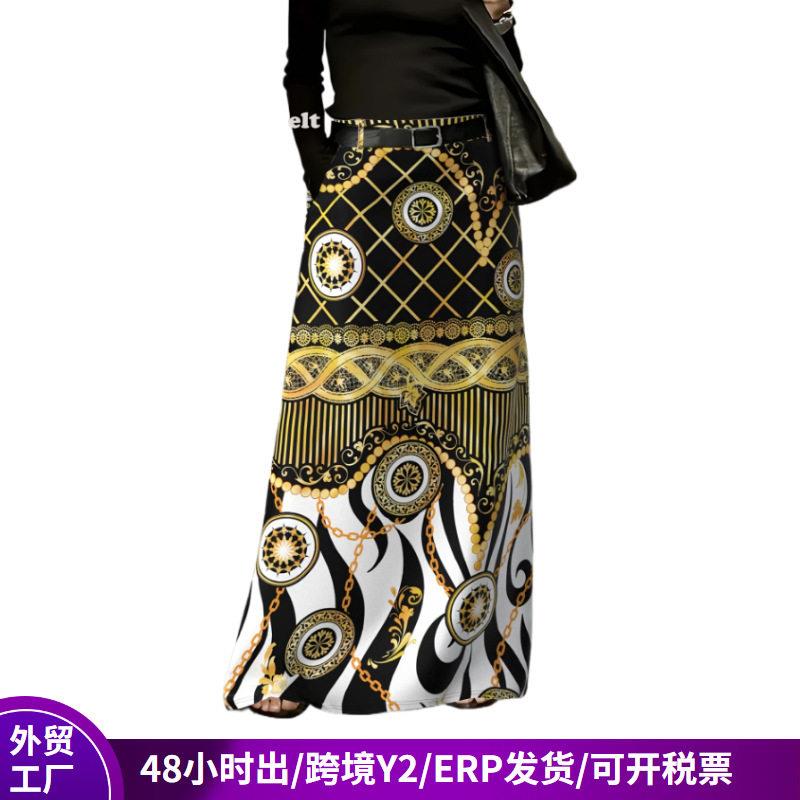 Floral Printed Split-Back Spandex Maxi Skirts for Women's图片