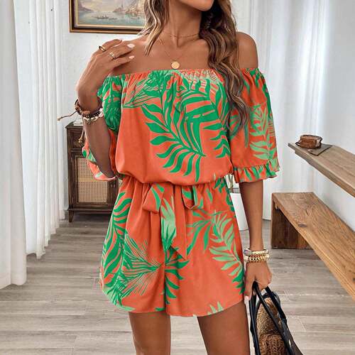 Womens Elegant Open Shoulder Tropical Print Ruffled