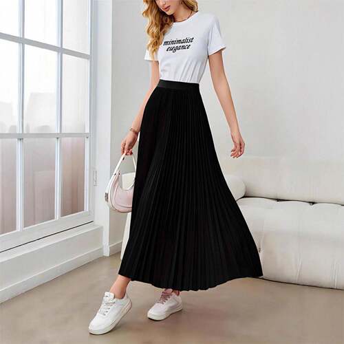 Women's Solid Color Pleated Skirt  Elegant Fashion Long