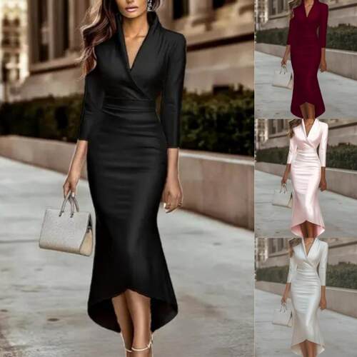 Womens Stunning VNeck Satin Dress Elegant Shiny Long Sleeve