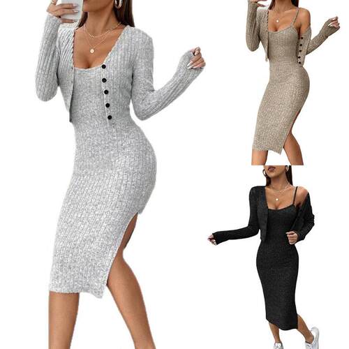 Two-Piece Set Women's Solid Button Front Crop Cardigan &