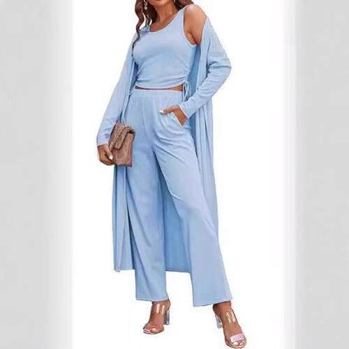 Elastic Plain 3-Piece Outfit - Casual Open-Front Long-Sleeve