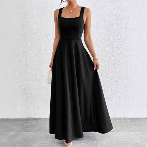 Plain / Polka Dot Print Square Neck Tank Dress Sleeveless A