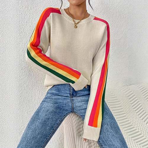 Womens Colorblock Striped Sweater Casual Long Sleeve Jumper