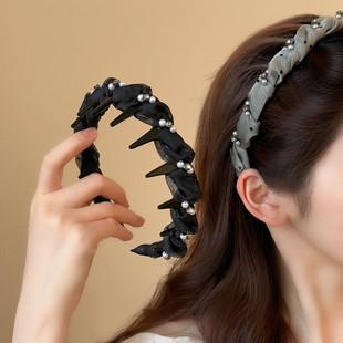 高级感波点网纱珍珠水钻带齿发箍新款高颅顶蓬松显脸小压发头箍女