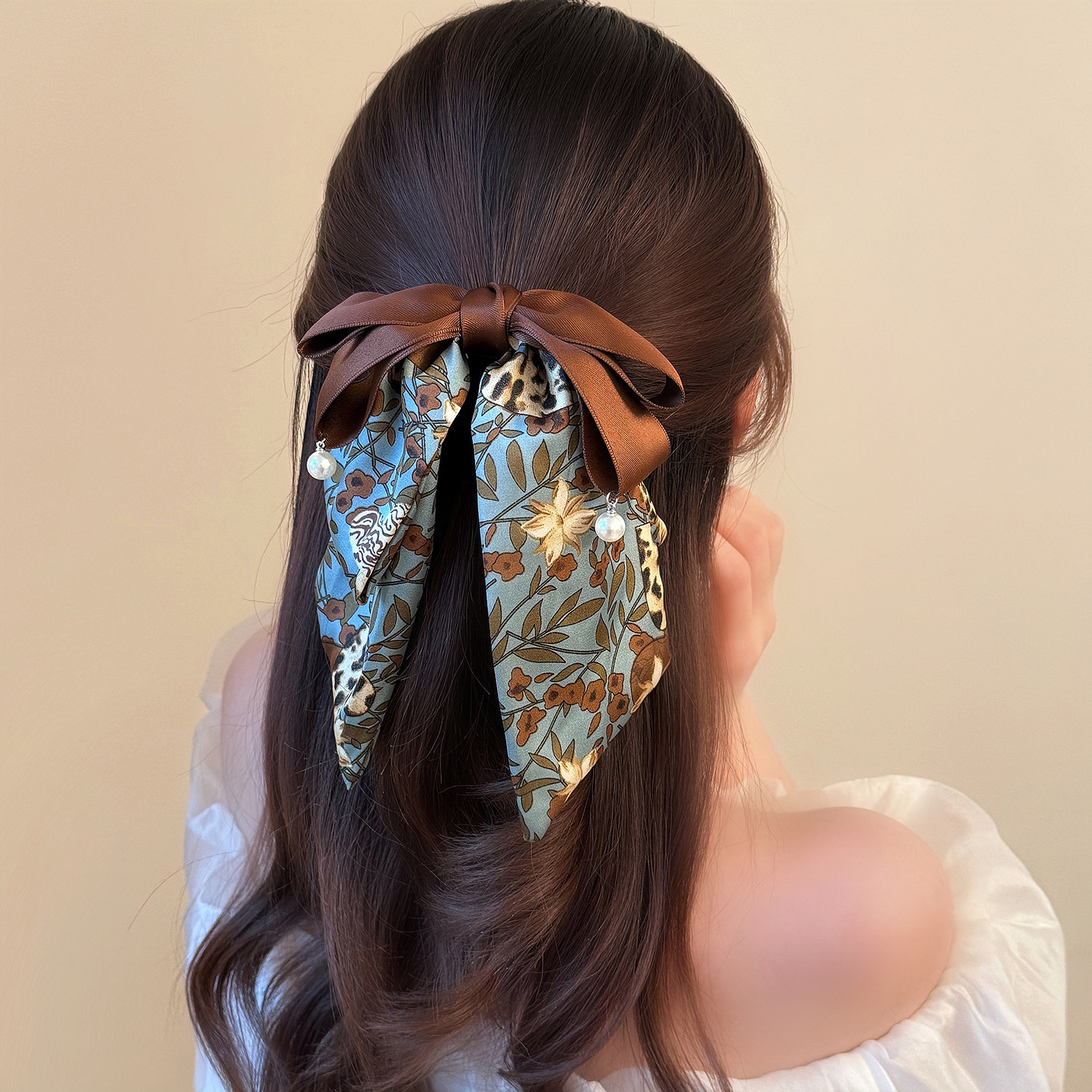 氛围感浪漫印花蝴蝶结马尾夹