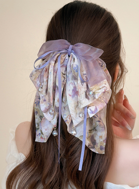 超仙多层碎花蝴蝶结马尾夹紫色飘逸雪纺抓夹显发量百搭时尚鲨鱼夹